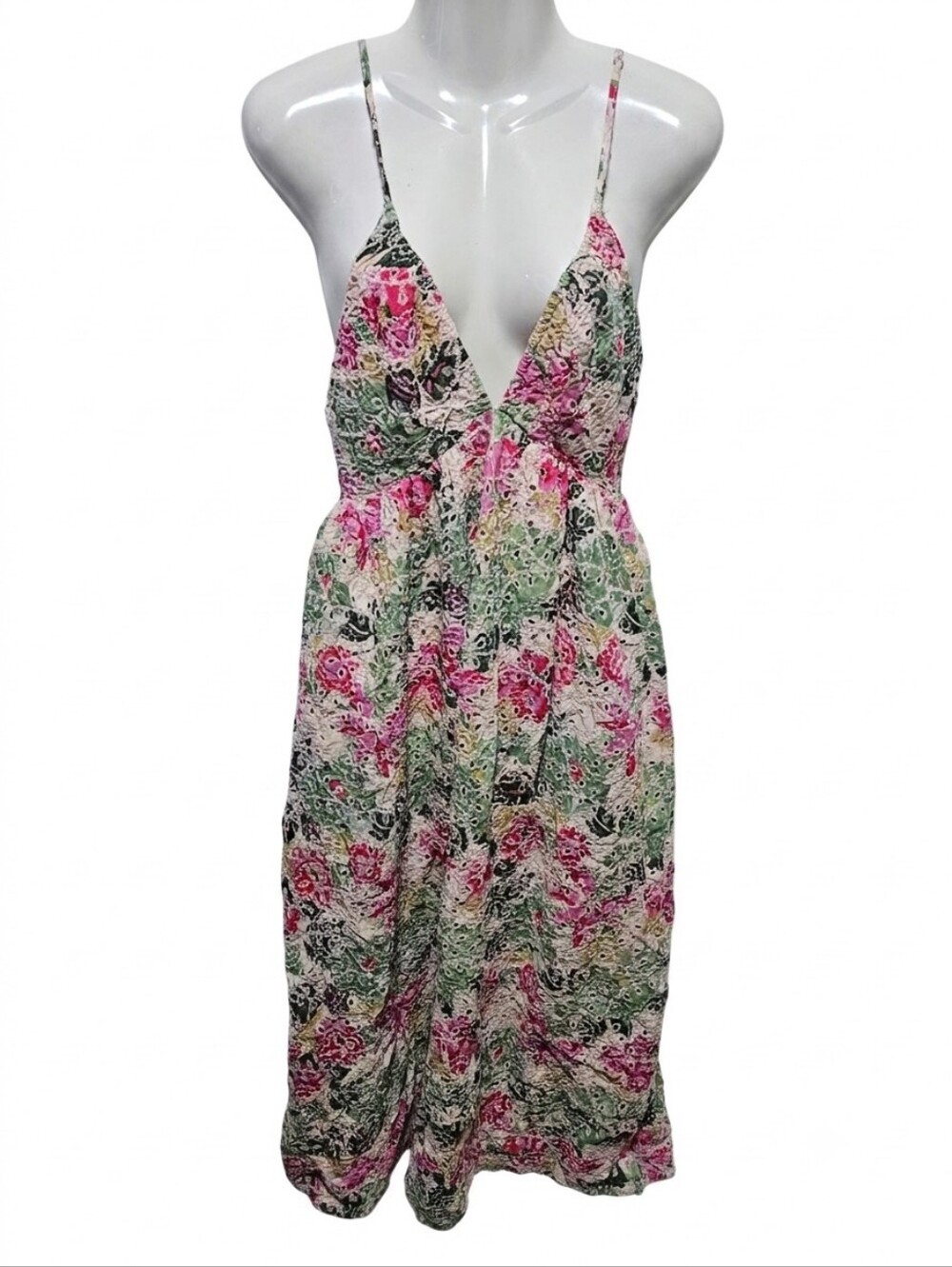 Line & Dot Floral Eyelet Cutout Dress Medium Pink Green Embroidered